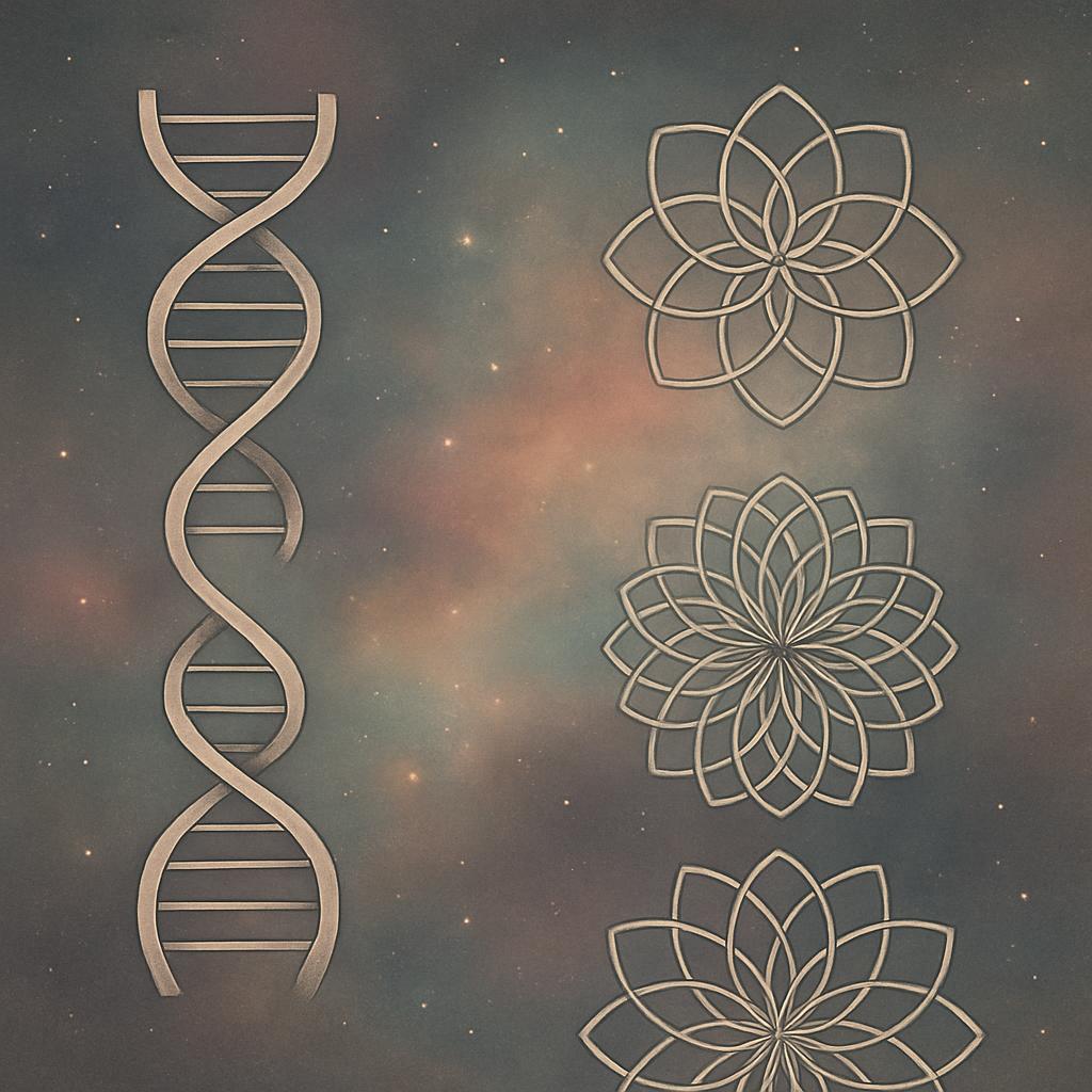 One stack of white, upright, DNA (double helix) stick figures, a white, flower design and another, slightly different flow...