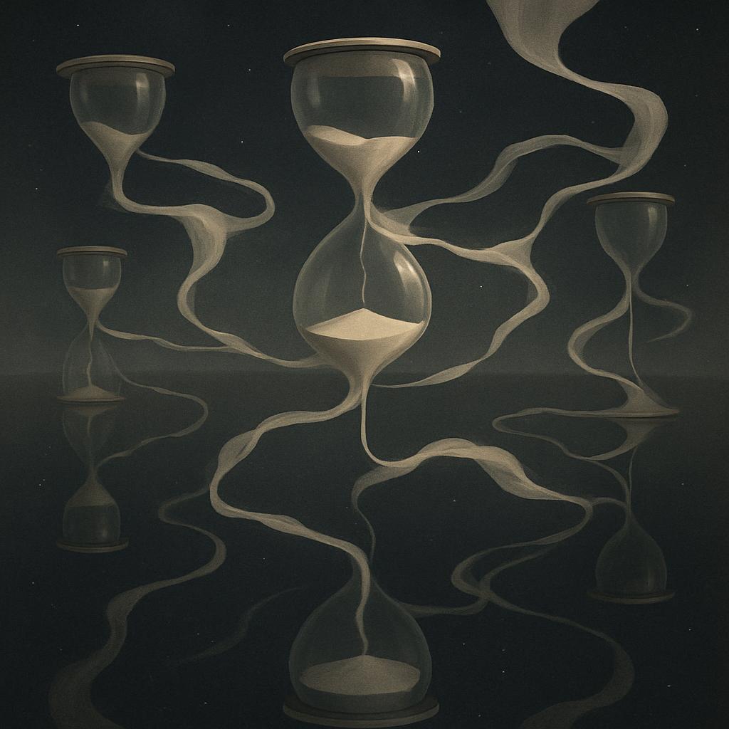 A surreal illustration of hourglasses interlocked with undulating lines, floating against a dark night sky dotted with sta...