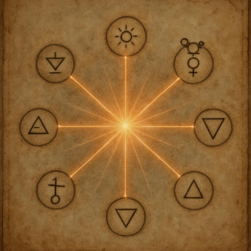 The celestial bodies of the solar system arranged on a parchment.