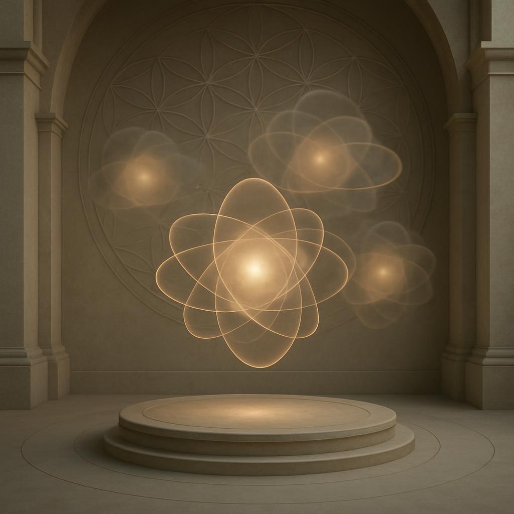 AP Jr: Artsy Image of Fine Art 3D L.E.D. Glowing Atomic Structure in the Middle of an Interior Stone Archway Room. Remarka...